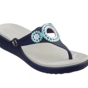 Women’s Crocs Sanrah Diamonte Flip Flop Sandal Navy and White Thong Sandal